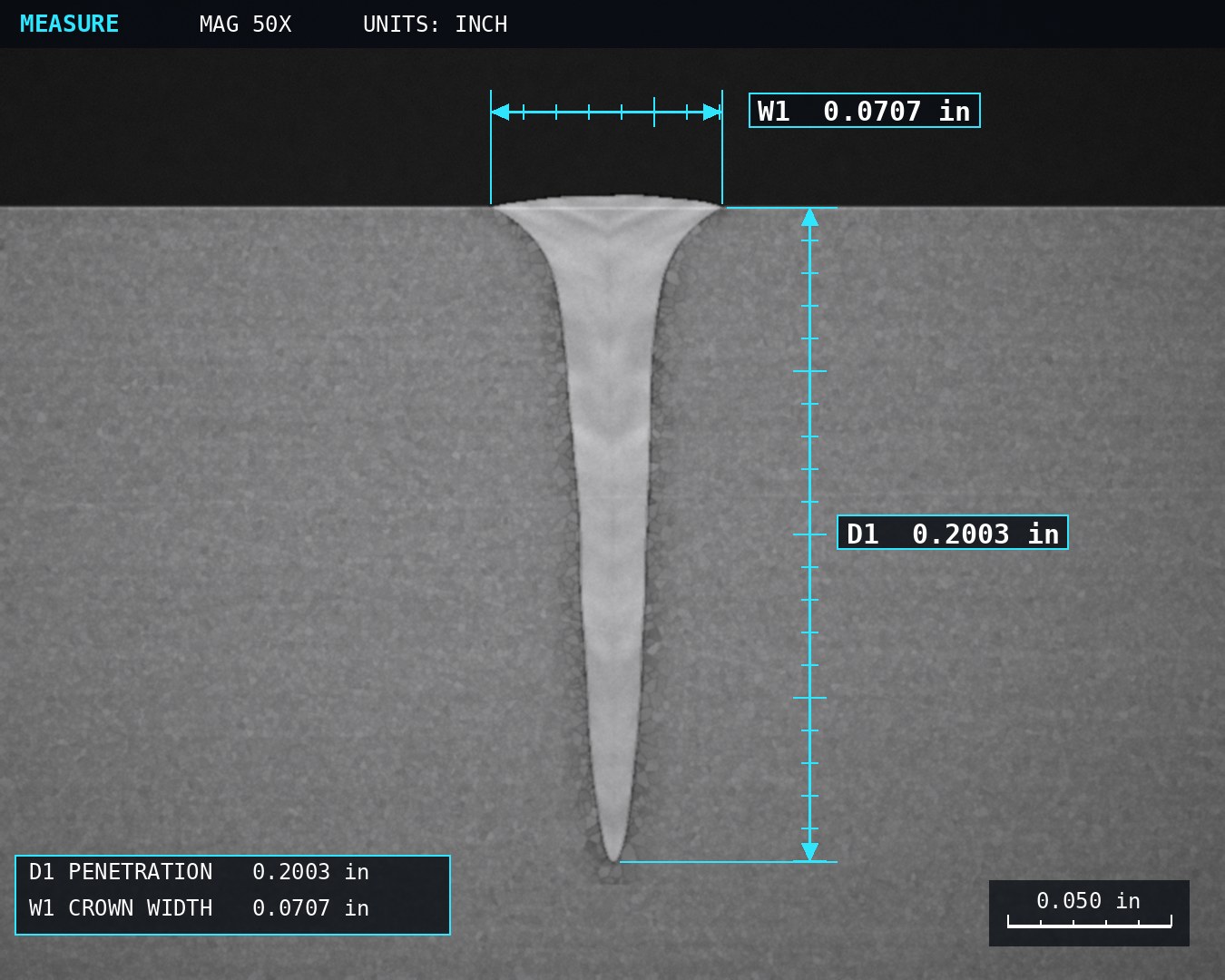Illustration of a keyhole laser weld cross section with penetration and crown width measurements